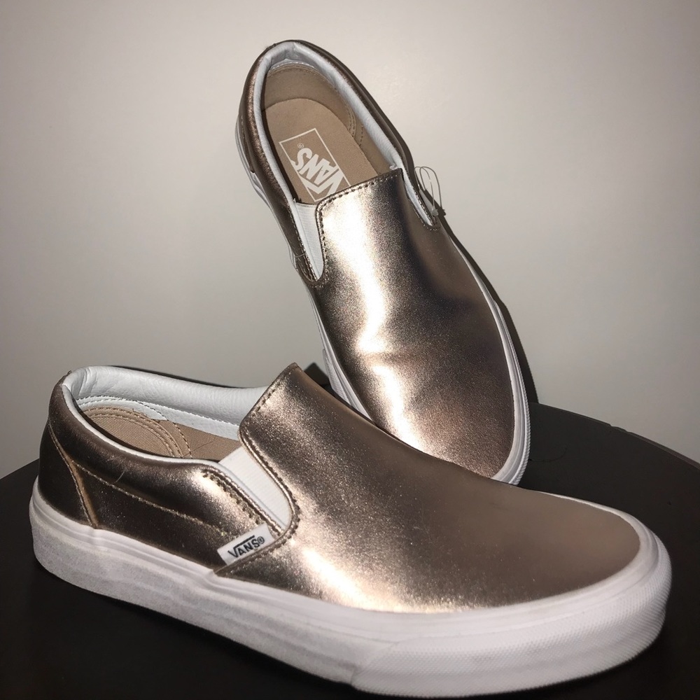 Rose gold metallic slip on vans